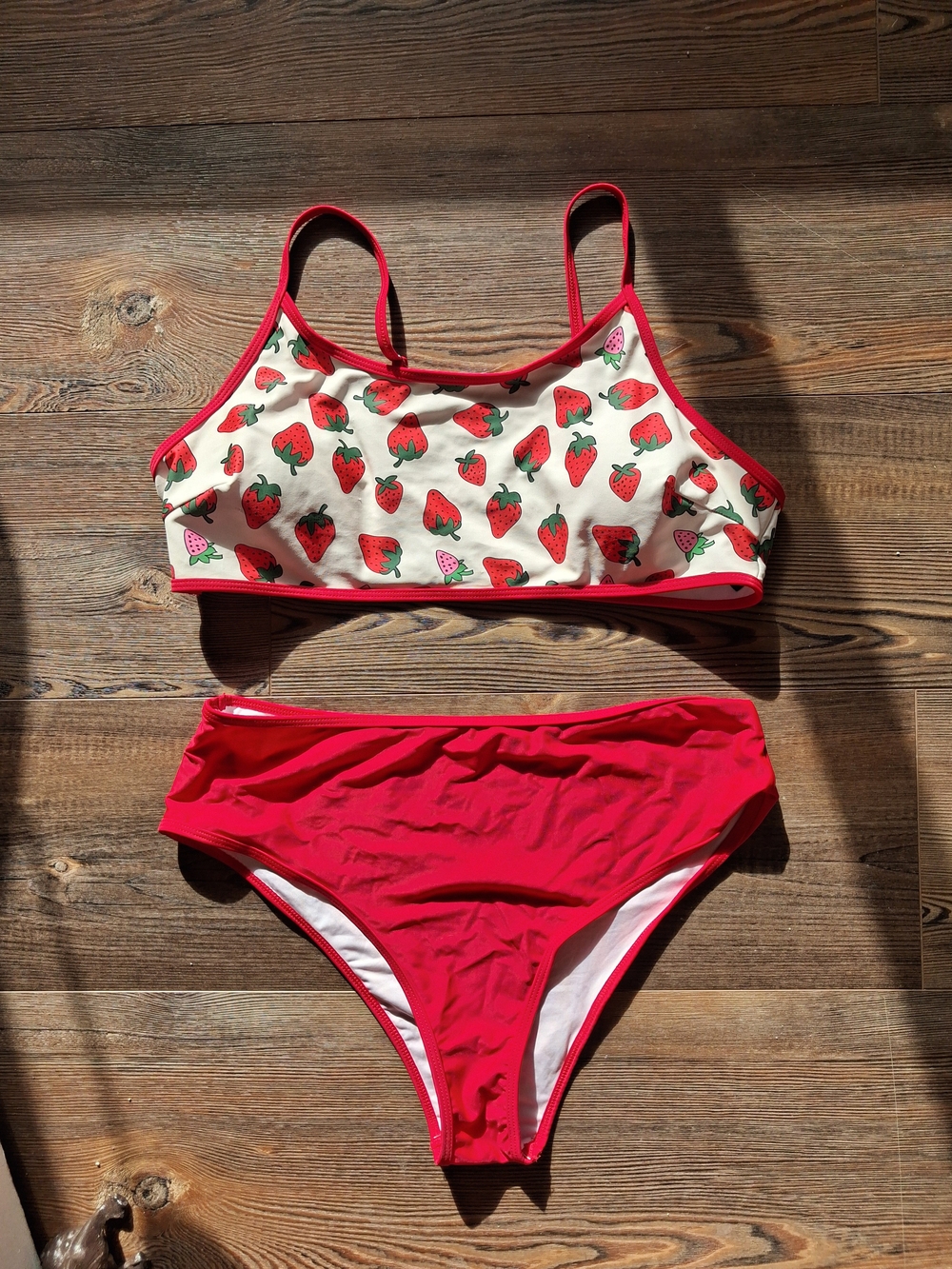 Cider Red Strawberry Print Crop Bikini Top with Red High-Waist Bottom